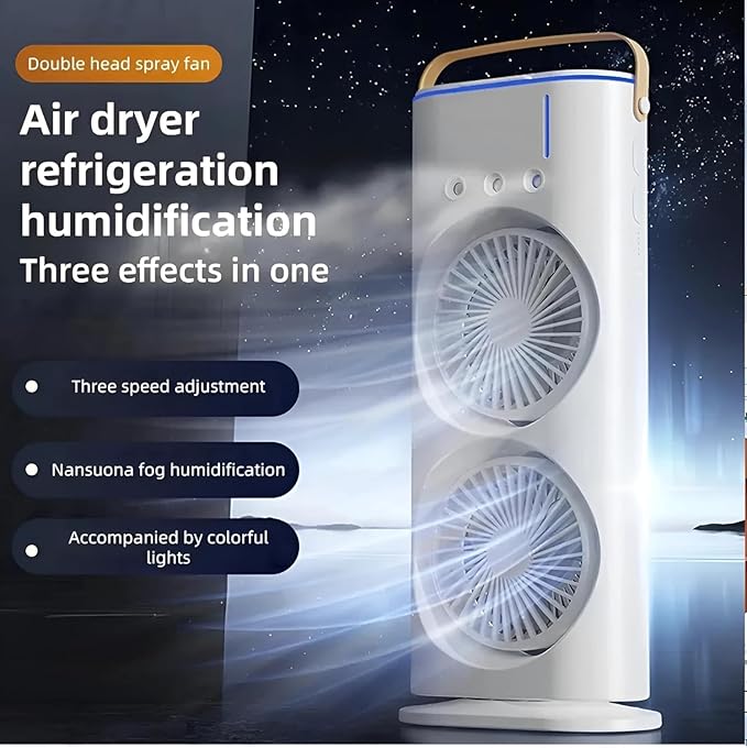 RECHARGEABLE DUAL-HEAD AIR COOLER & MIST FAN WITH 3 SPEED SETTINGS, REMOTE CONTROL & NIGHT LIGHT