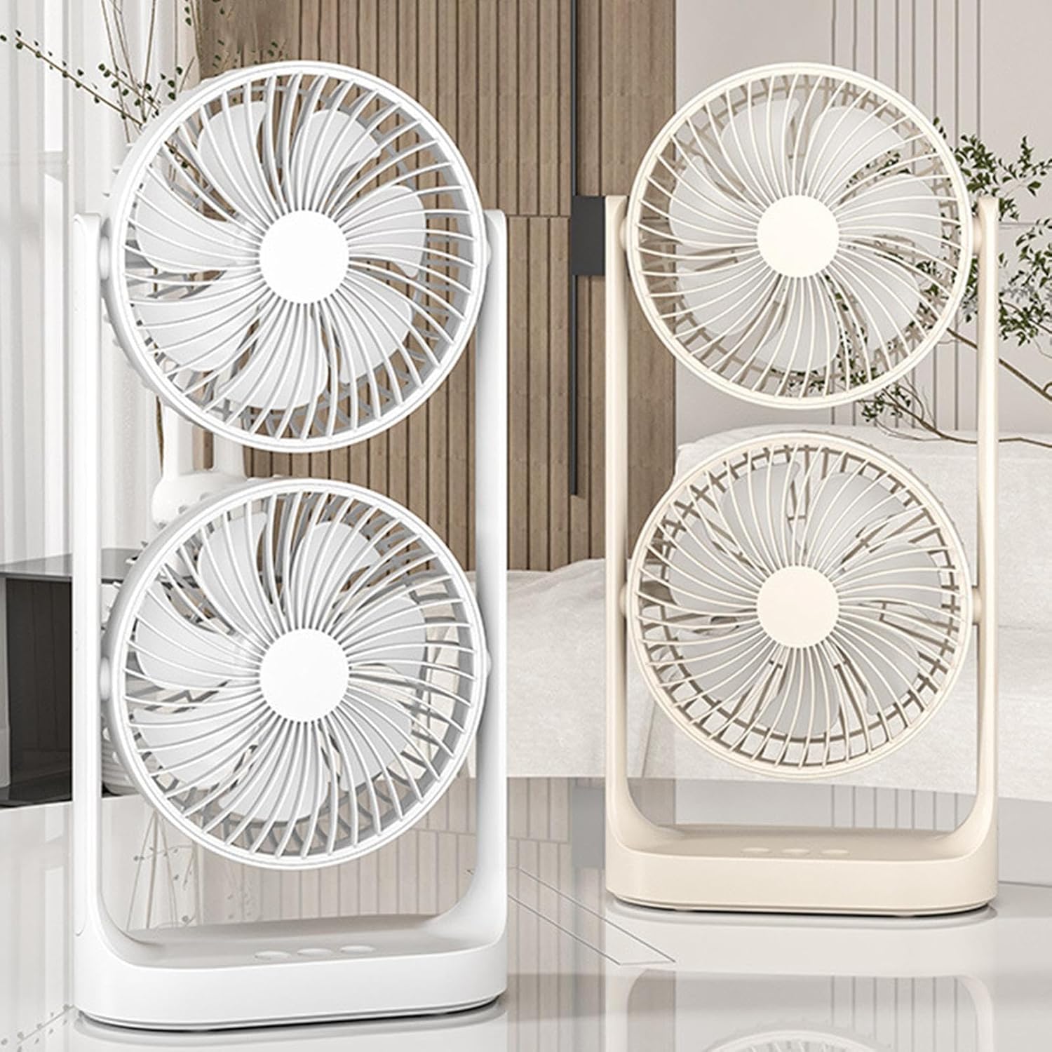 DOUBLE-HEAD USB RECHARGEABLE DESK FAN WITH ADJUSTABLE HEIGHT & 3-SPEED AIRFLOW CONTROL