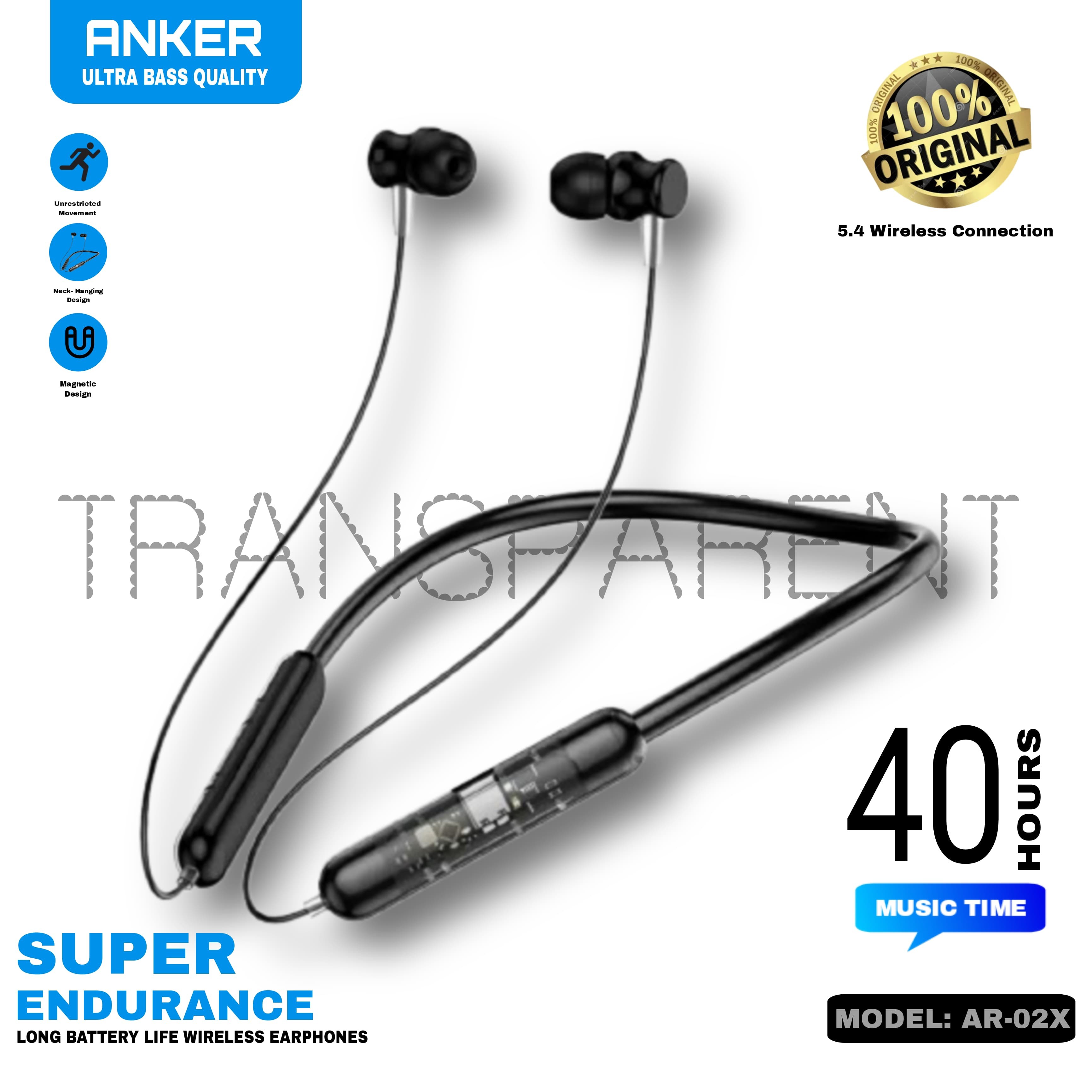 ANKER TRANSPARENT WIRELESS BLUETOOTH NECKBAND EARPHONES WITH 40H STANDBY TIME, DUAL PAIRING & STEREO SOUND
