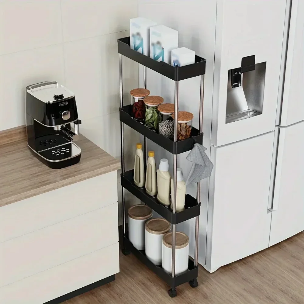NARROW SHAPE 4-TIER SLIM ROLLING STORAGE CART WITH DRAINAGE BASKETS SPACE SAVING RACK