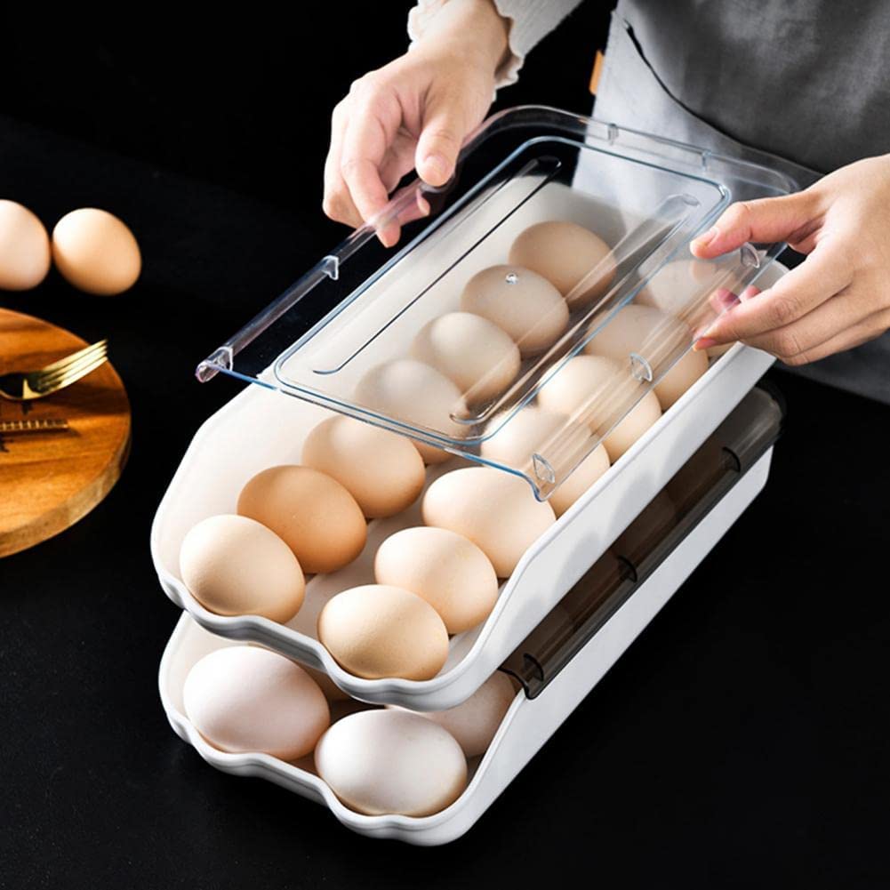 AUTO SCROLLING EGG HOLDER FOR REFRIGERATOR – STACKABLE CLEAR PLASTIC EGG STORAGE CONTAINER WITH LID