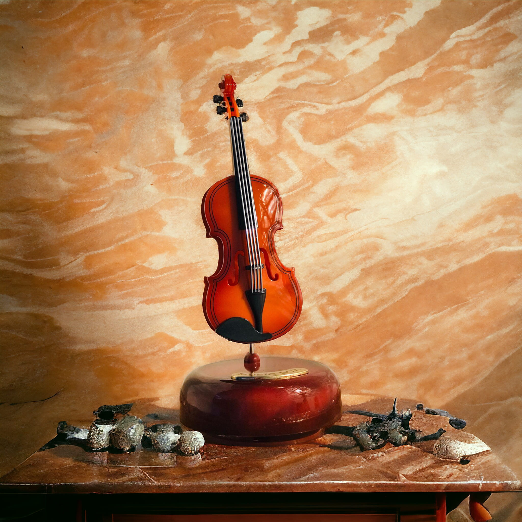 VINTAGE CLASSICAL VIOLIN-SHAPED MUSIC BOX WITH WIND-UP MECHANICAL MELODY