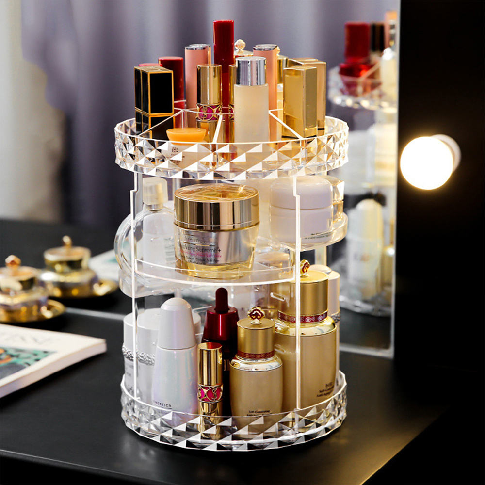 360° ROTATING MAKEUP ORGANIZER WITH LARGE CAPACITY & DIAMOND PATTERN DESIGN