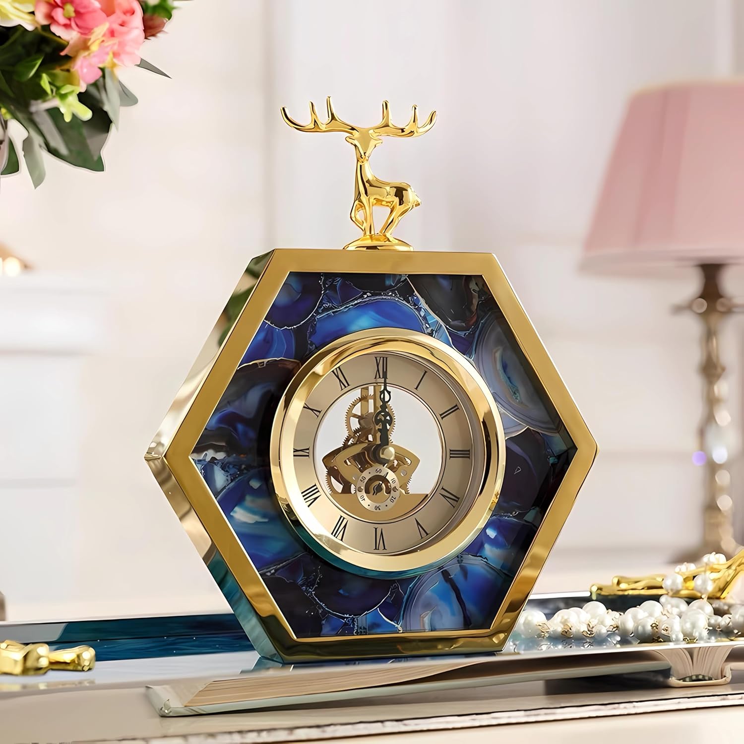 LIGHT LUXURY METAL & AGATE HEXAGON DESKTOP CLOCK WITH DEER HEAD DESIGN