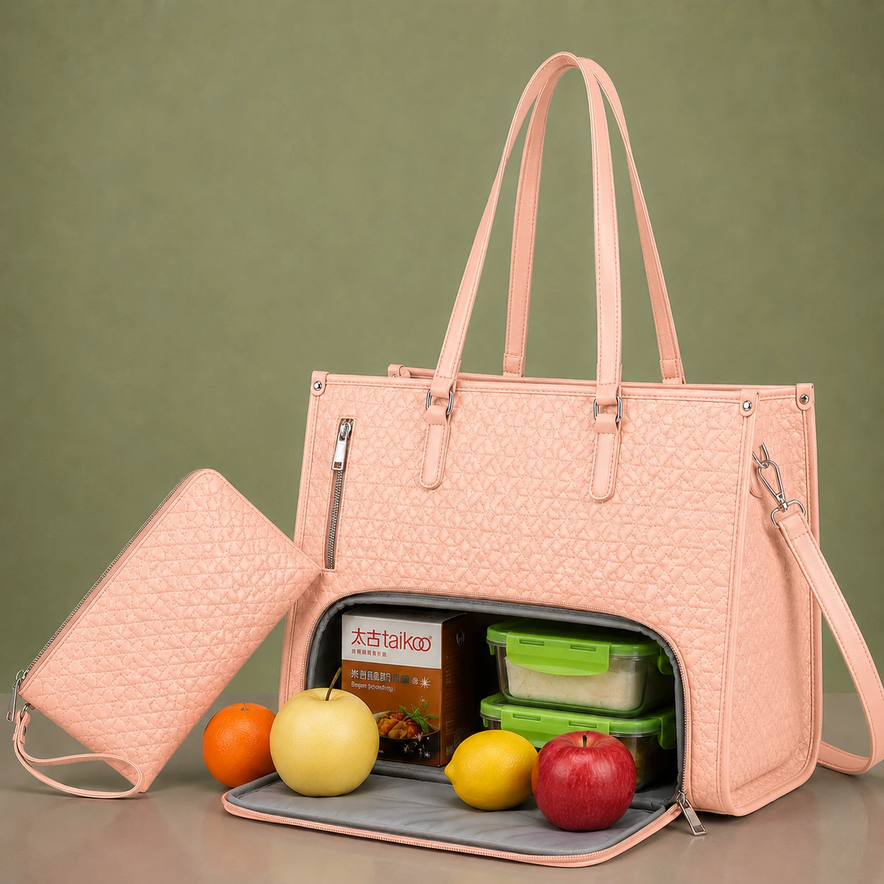 LIGHT PINK PREMIUM TOTE BAG WITH FOOD & LAPTOP COMPARTMENT WITH FREE POUCH BAG