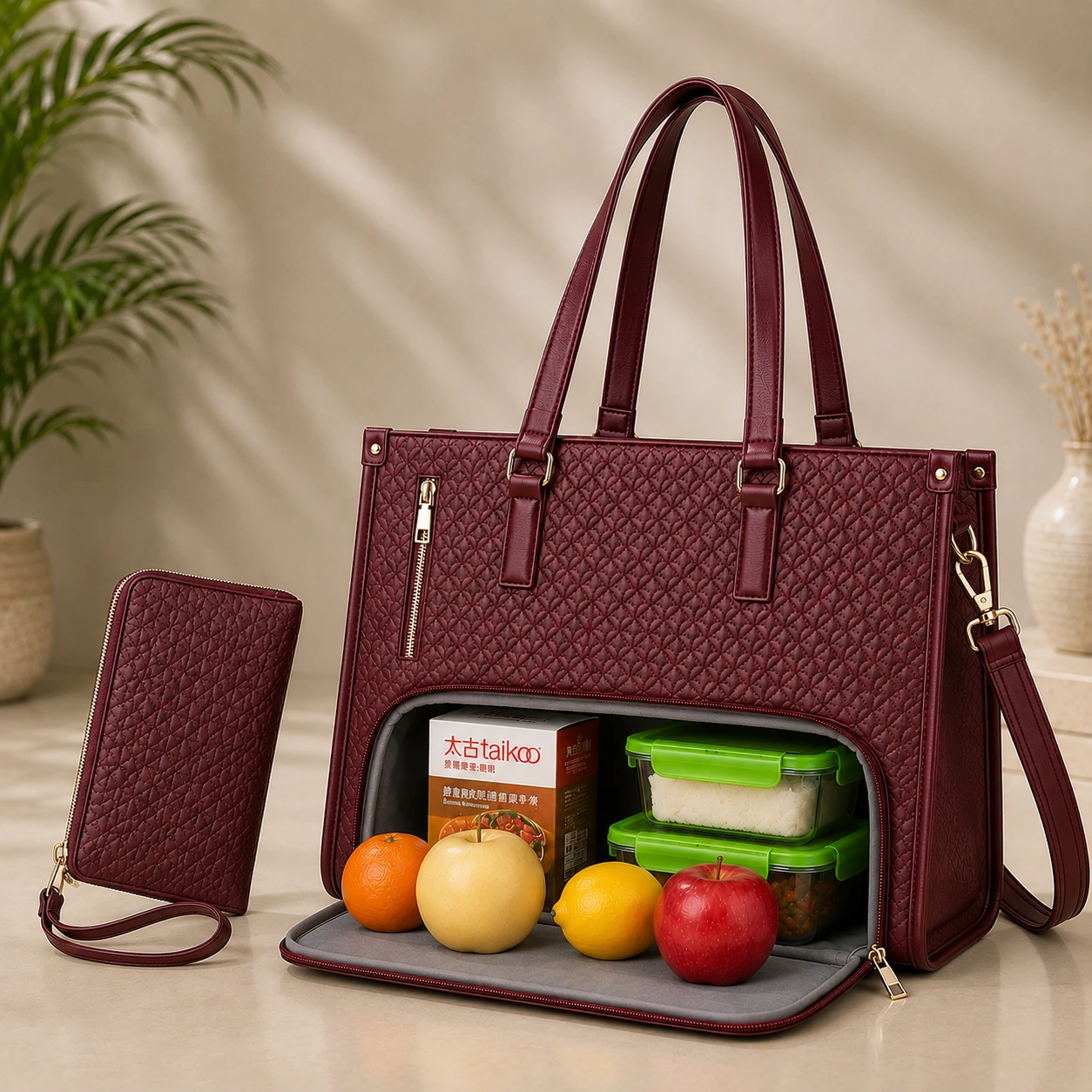 MAROON PREMIUM TOTE BAG WITH FOOD & LAPTOP COMPARTMENT WITH FREE POUCH BAG